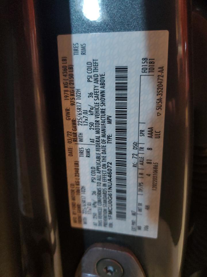 2022 Ford Escape Se VIN: 1FMCU0G61NUA46072 Lot: 69793254