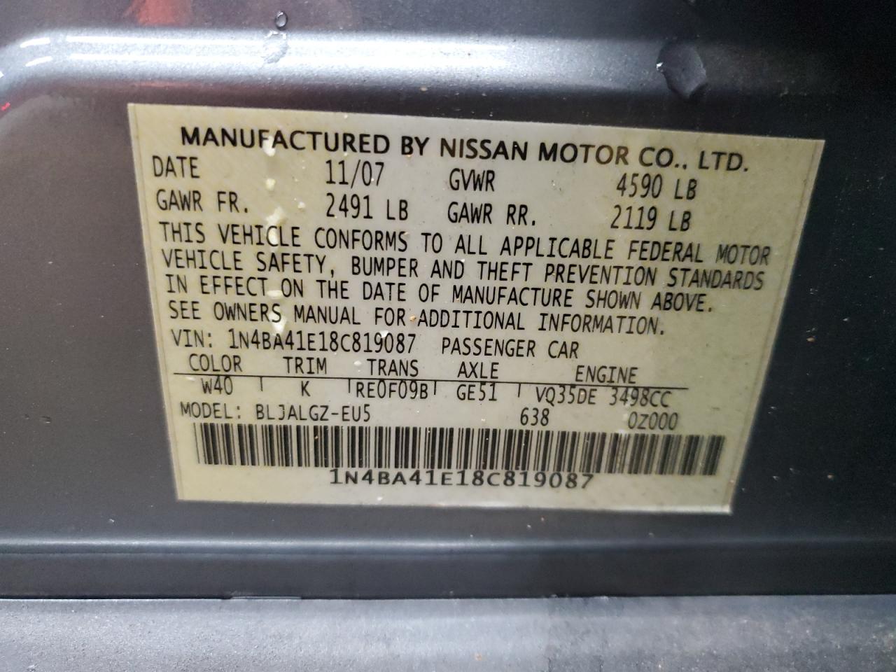 1N4BA41E18C819087 2008 Nissan Maxima Se