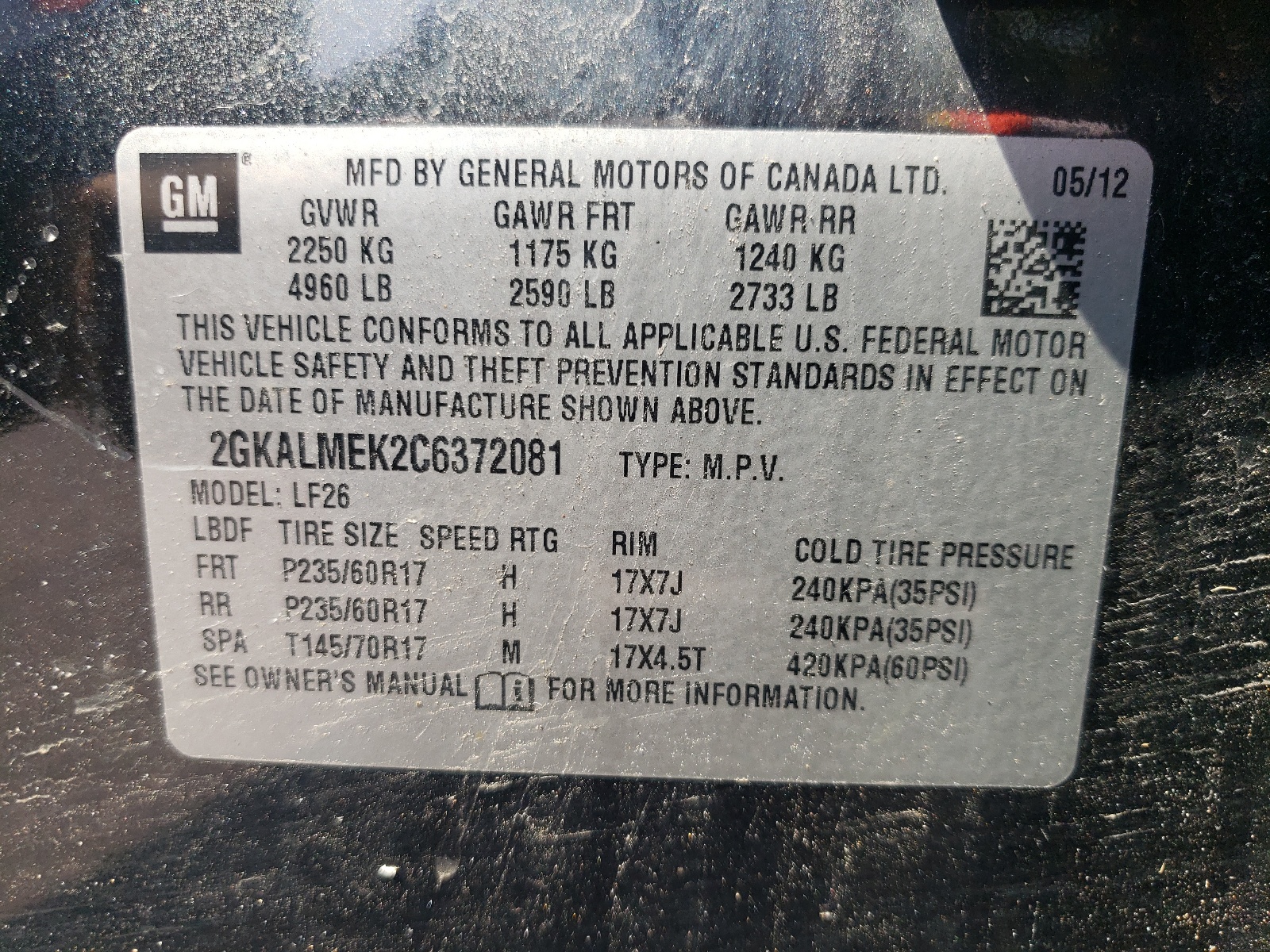 2012 GMC Terrain Sle vin: 2GKALMEK2C6372081