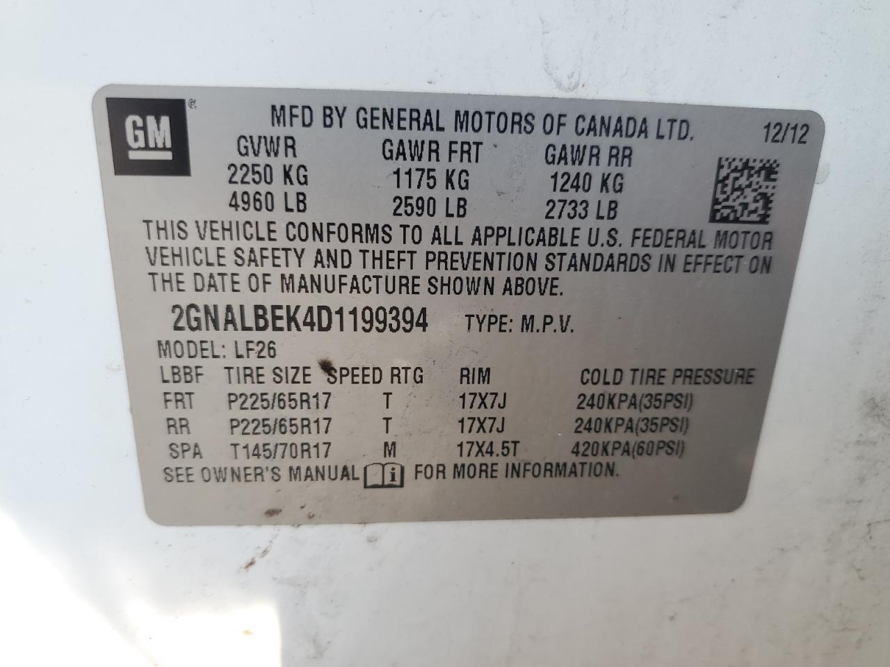 2GNALBEK4D1199394 2013 Chevrolet Equinox Ls