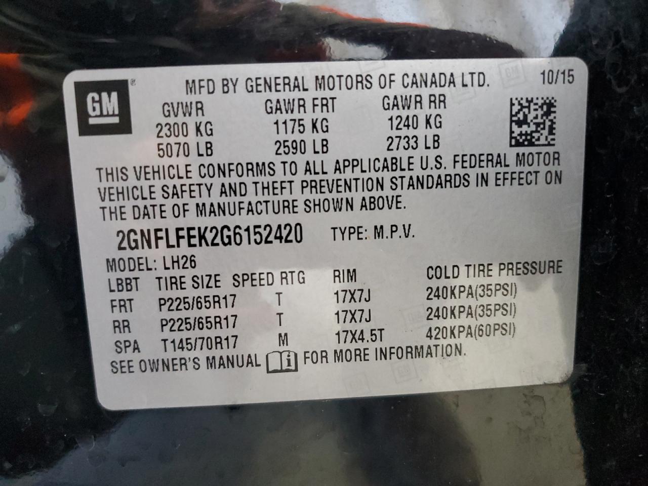 2GNFLFEK2G6152420 2016 Chevrolet Equinox Lt