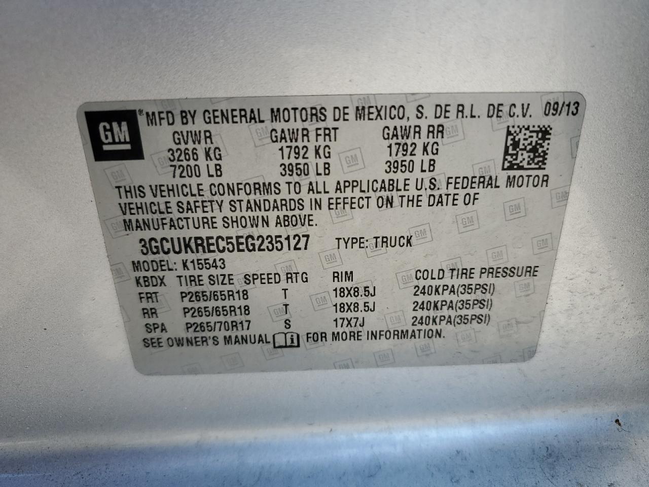 2014 Chevrolet Silverado K1500 Lt VIN: 3GCUKREC5EG235127 Lot: 69280884