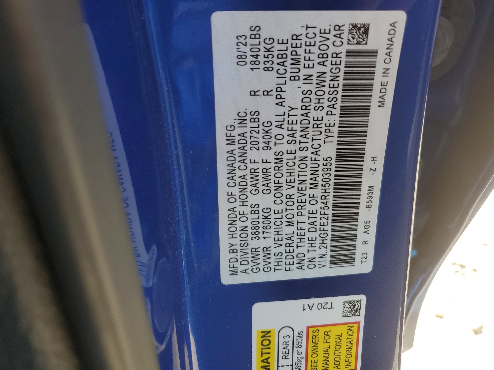 2024 Honda Civic Sport vin: 2HGFE2F54RH503955