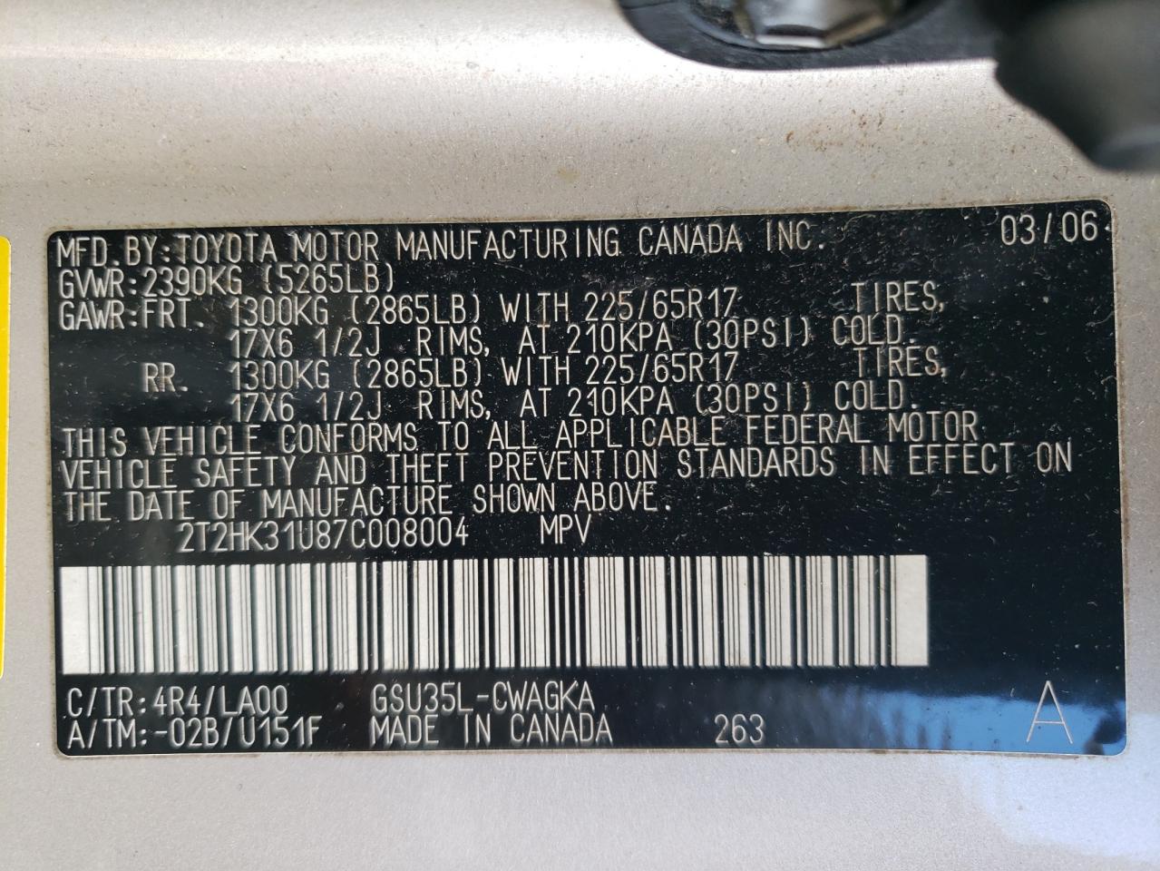 2007 Lexus Rx 350 VIN: 2T2HK31U87C008004 Lot: 66226114