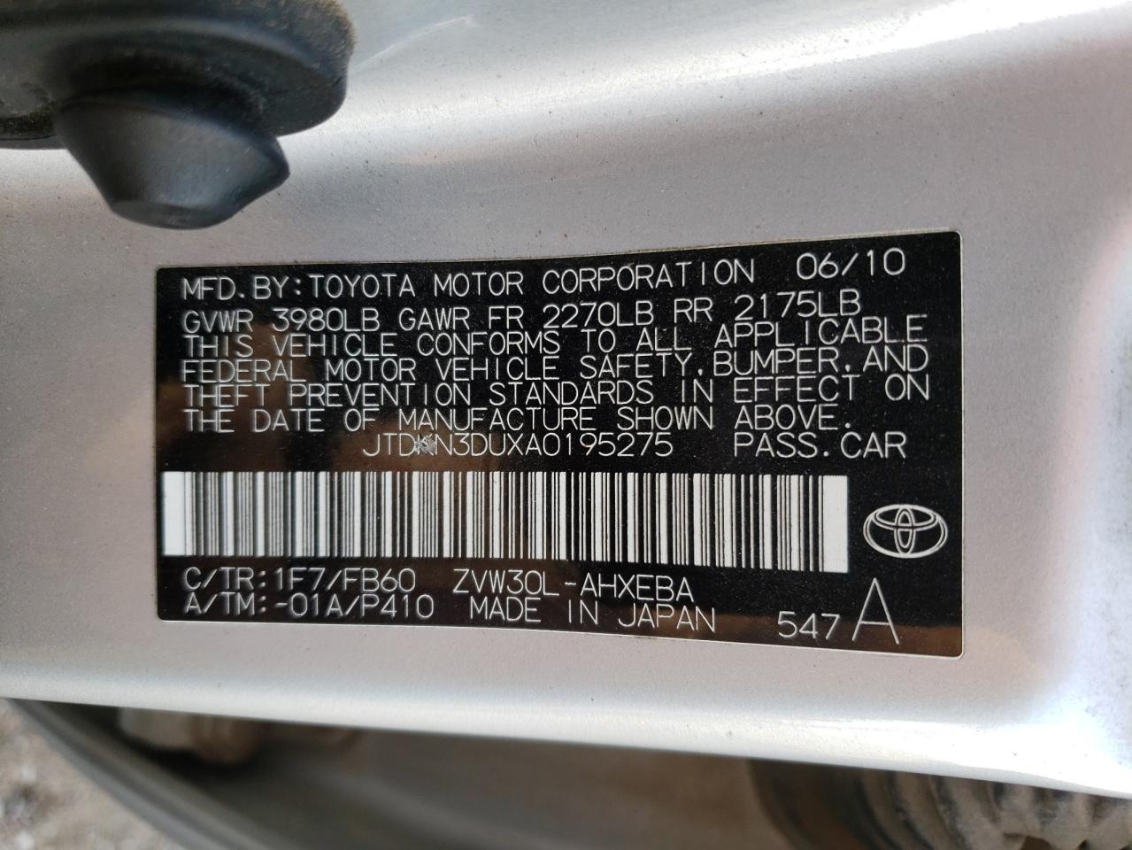 2010 Toyota Prius VIN: JTDKN3DUXA0195275 Lot: 68540334