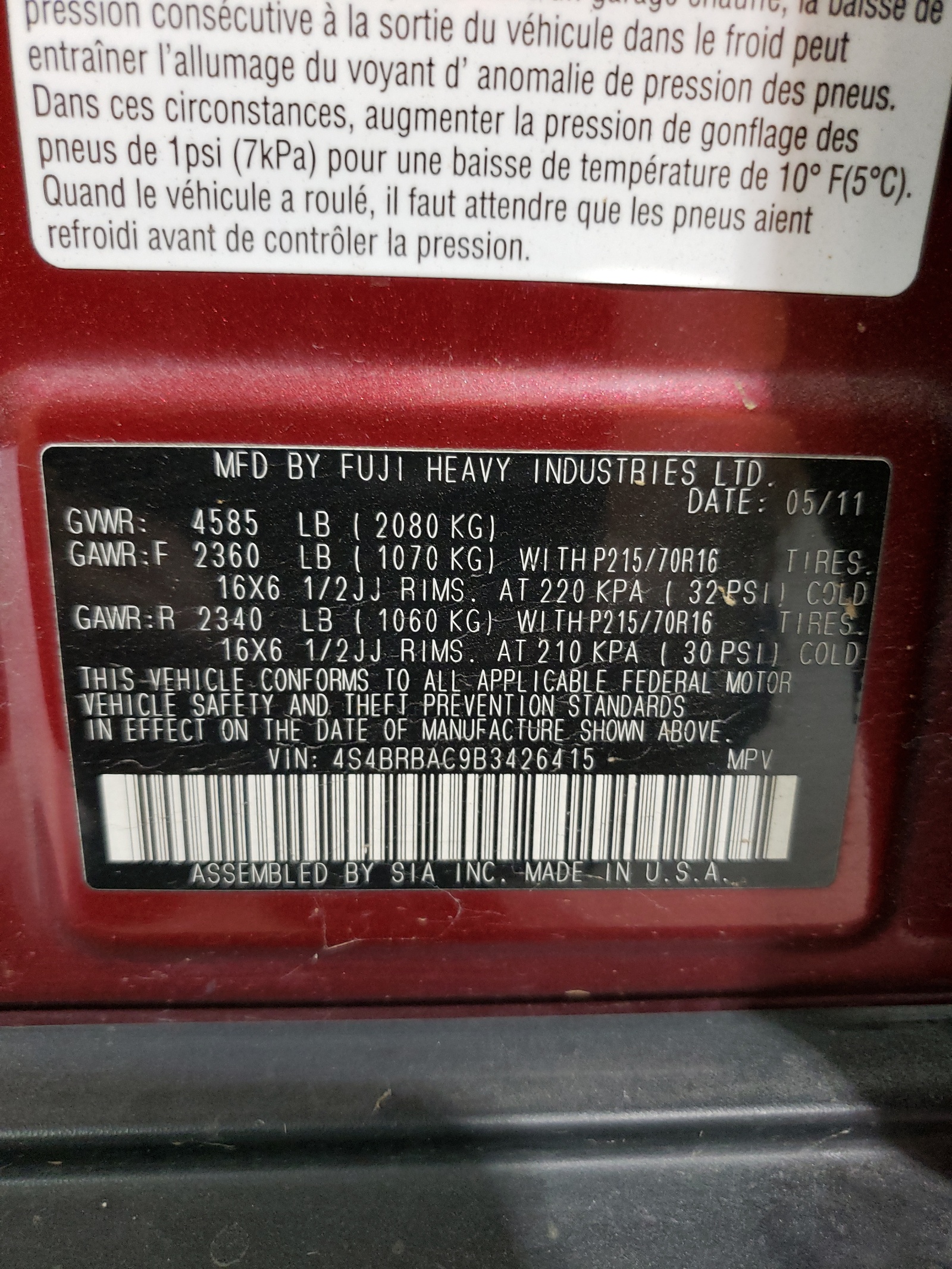 4S4BRBAC9B3426415 2011 Subaru Outback 2.5I