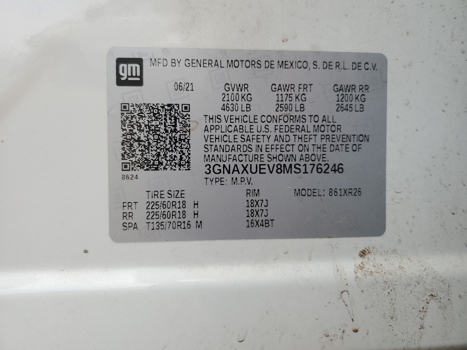 3GNAXUEV8MS176246 2021 Chevrolet Equinox Lt