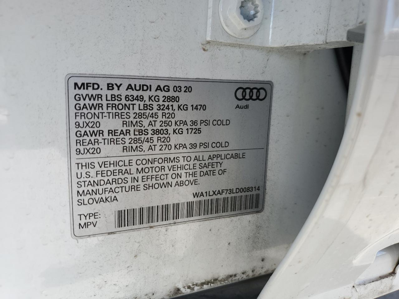 2020 Audi Q7 Premium Plus VIN: WA1LXAF73LD008314 Lot: 67540494