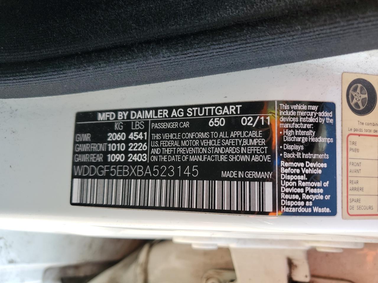 2011 Mercedes-Benz C 300 VIN: WDDGF5EBXBA523145 Lot: 65776614