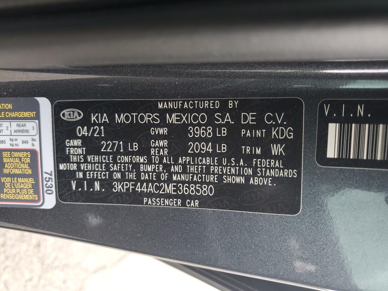 2021 Kia Forte Gt VIN: 3KPF44AC2ME368580 Lot: 66915874