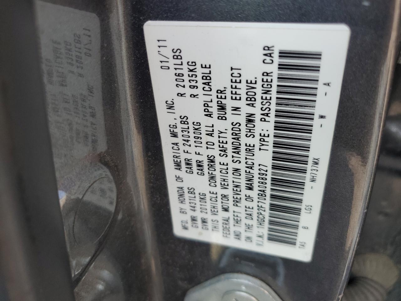 1HGCP2F70BA088927 2011 Honda Accord Ex