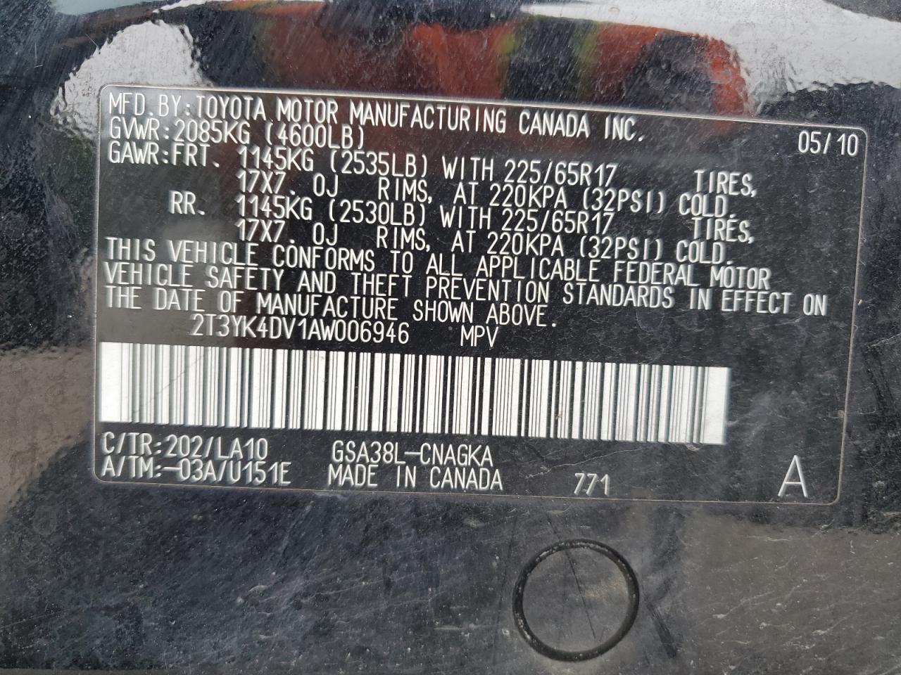 2010 Toyota Rav4 Limited VIN: 2T3YK4DV1AW006946 Lot: 66878644