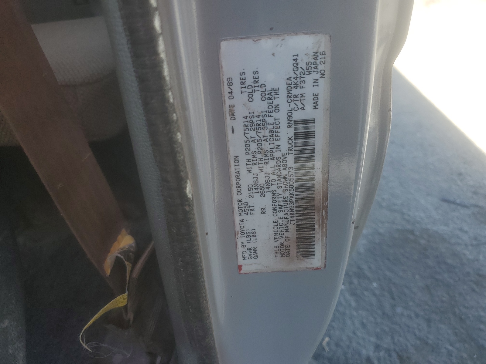 JT4RN93PXK5005573 1989 Toyota Pickup 1/2 Ton Extra Long Wheelbase Dlx