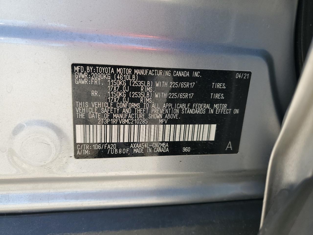 2T3P1RFV8MC210285 2021 Toyota Rav4 Xle