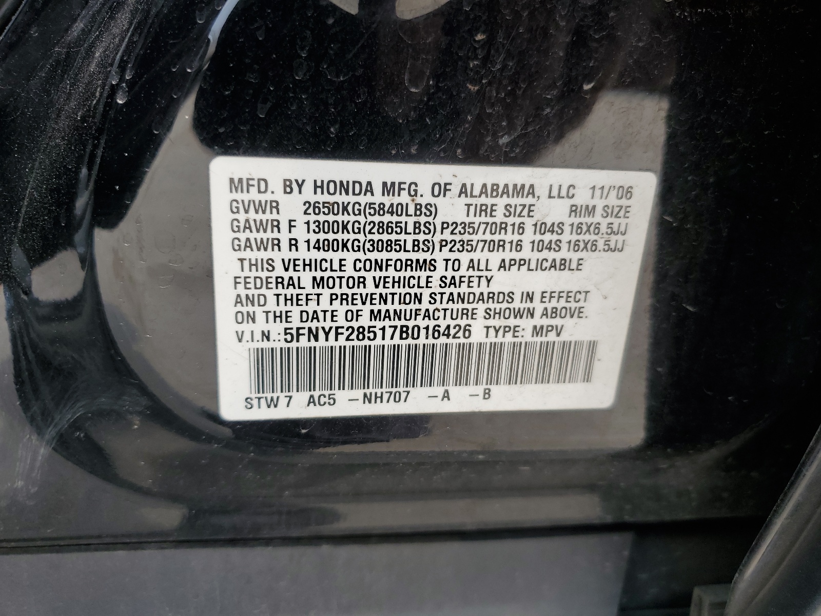 5FNYF28517B016426 2007 Honda Pilot Exl