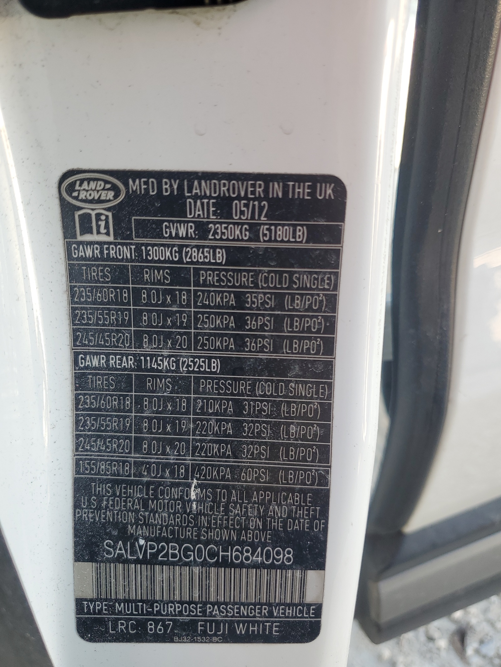 SALVP2BG0CH684098 2012 Land Rover Range Rover Evoque Pure Plus