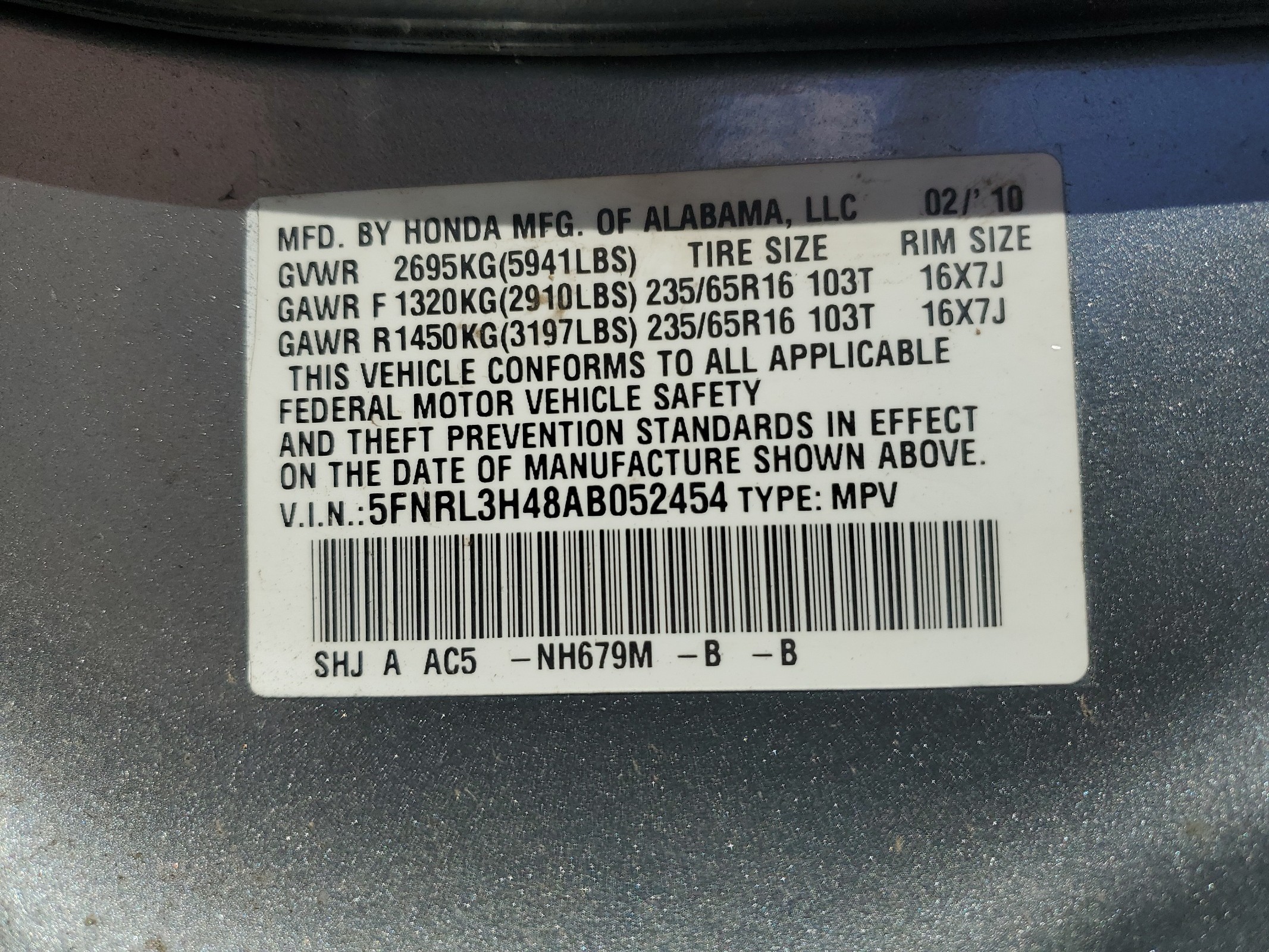 5FNRL3H48AB052454 2010 Honda Odyssey Ex