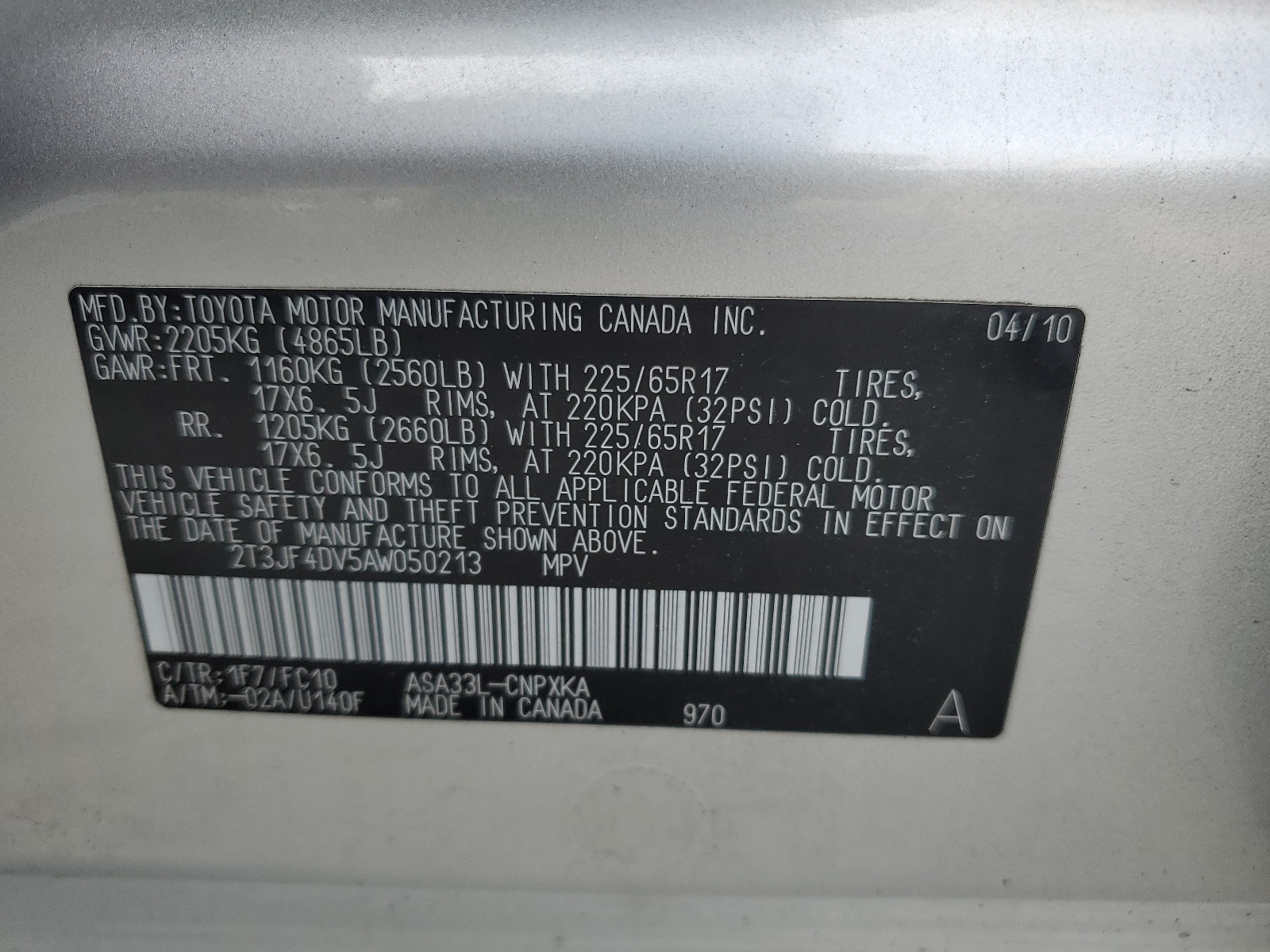 2T3JF4DV5AW050213 2010 Toyota Rav4