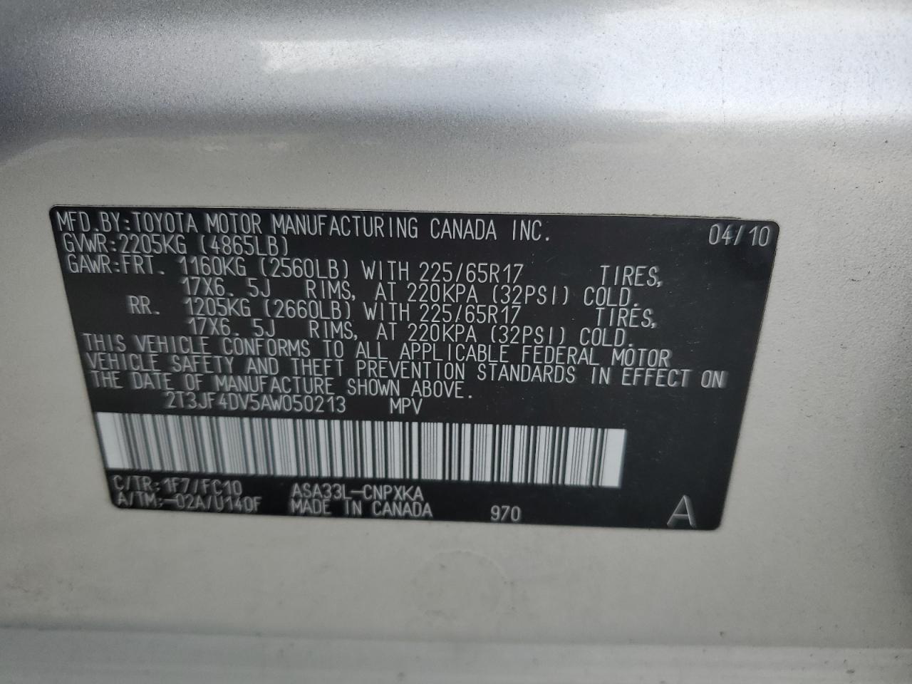 2010 Toyota Rav4 VIN: 2T3JF4DV5AW050213 Lot: 67672324