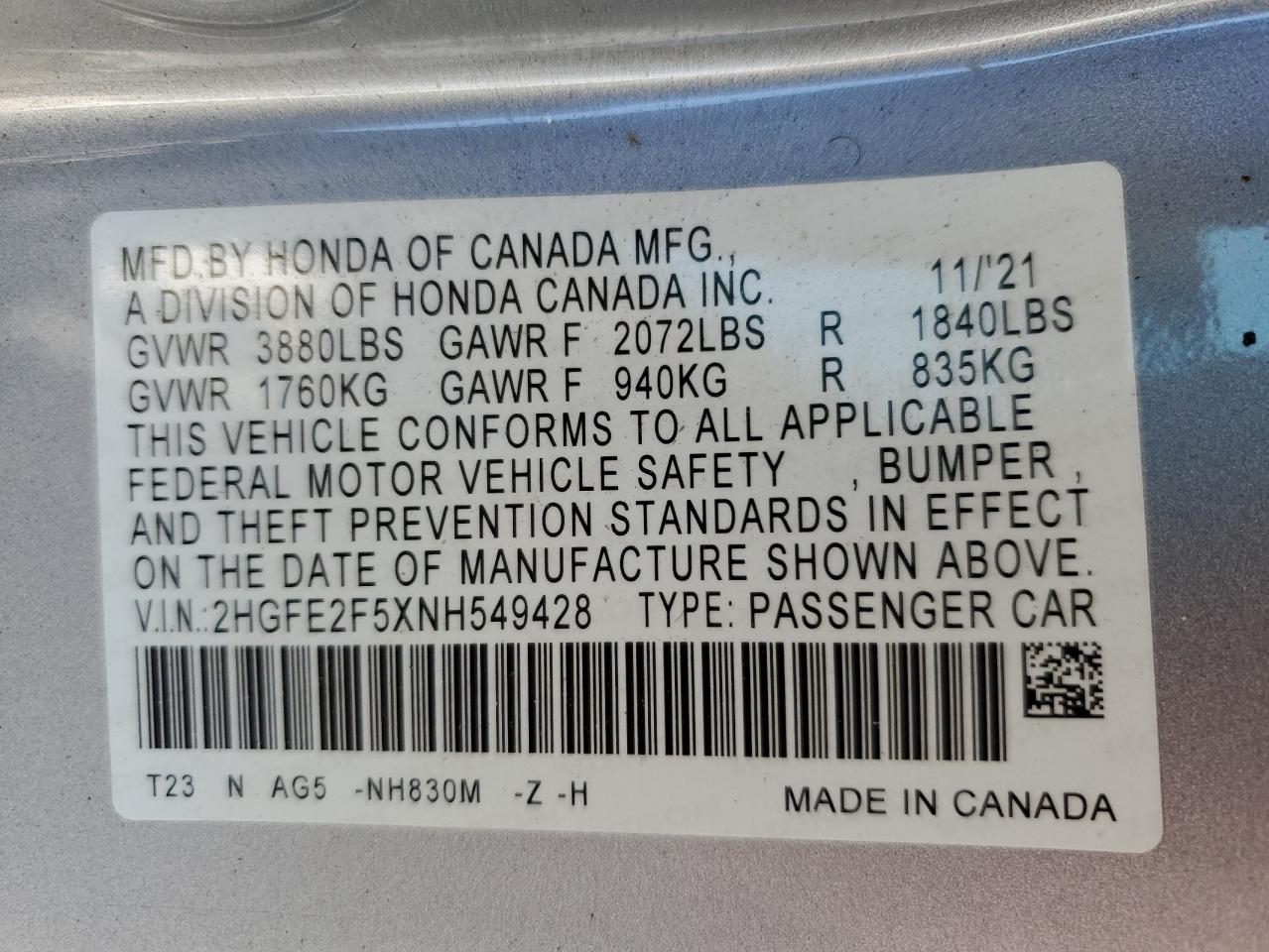 2HGFE2F5XNH549428 2022 Honda Civic Sport