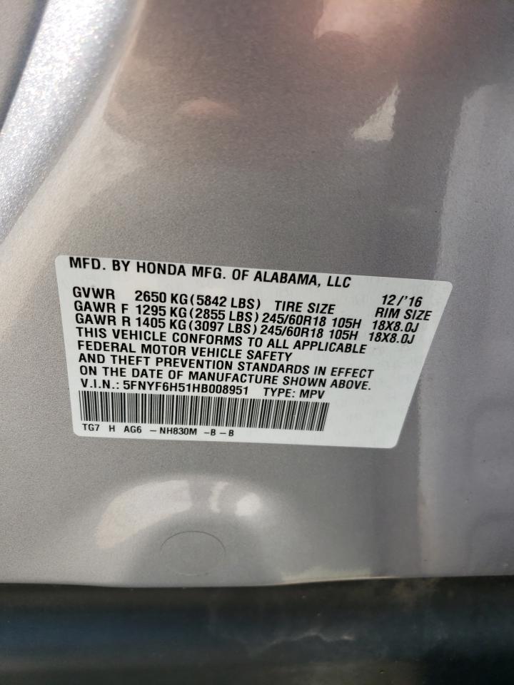 2017 Honda Pilot Exl VIN: 5FNYF6H51HB008951 Lot: 67124984
