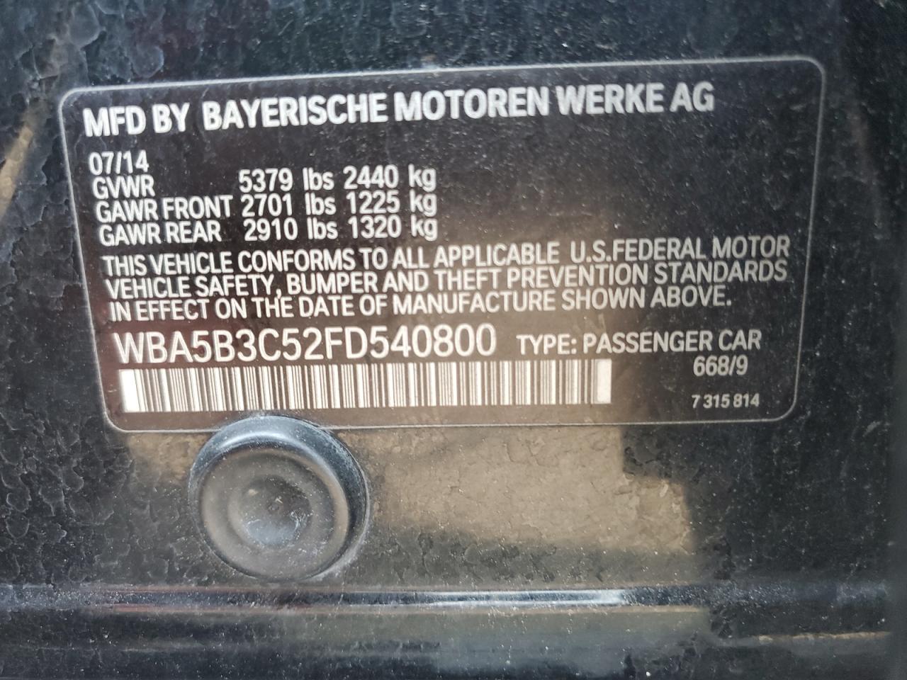 2015 BMW 535 Xi VIN: WBA5B3C52FD540800 Lot: 64769814