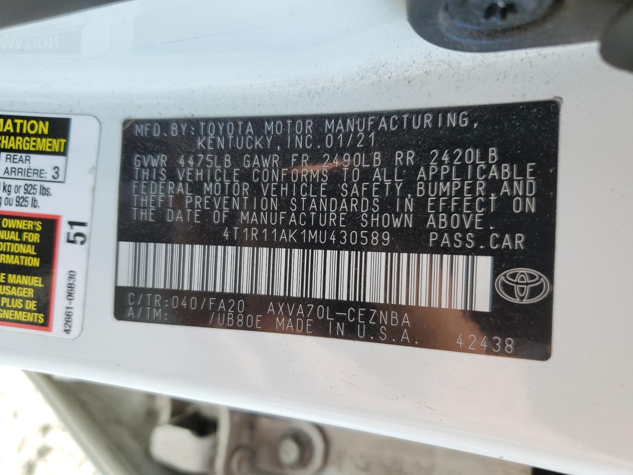 4T1R11AK1MU430589 2021 TOYOTA CAMRY - Image 12