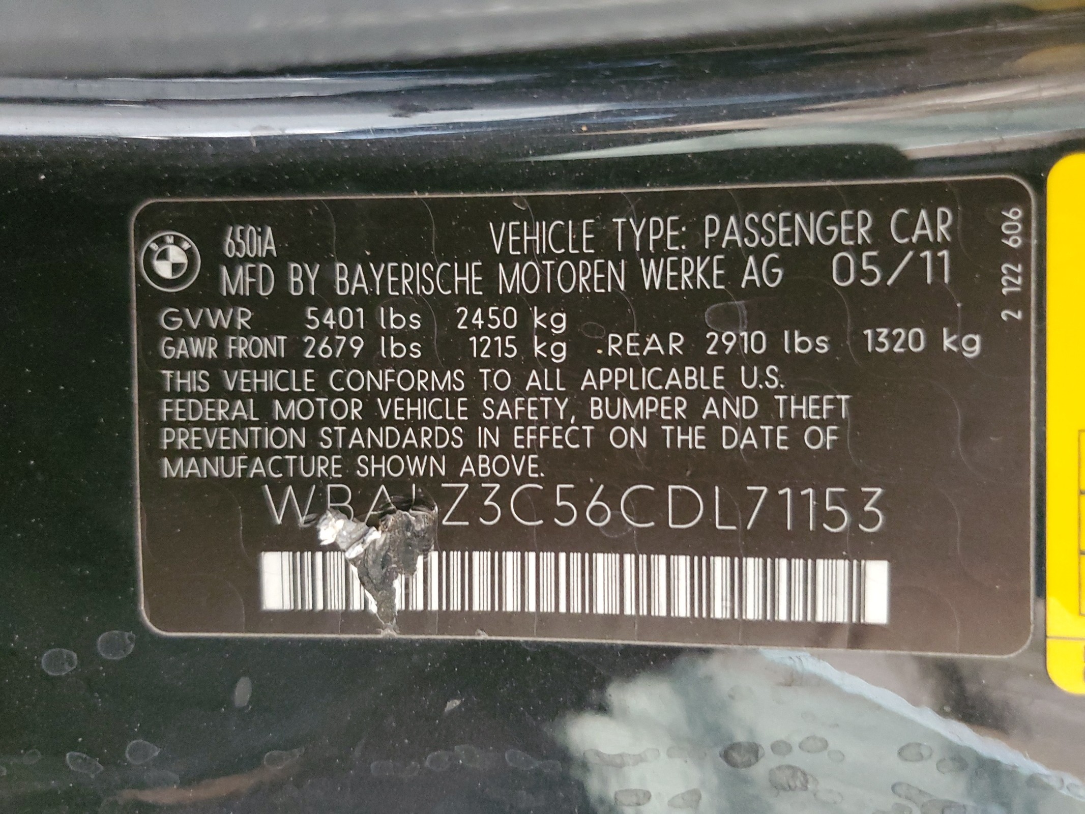 WBALZ3C56CDL71153 2012 BMW 650 I