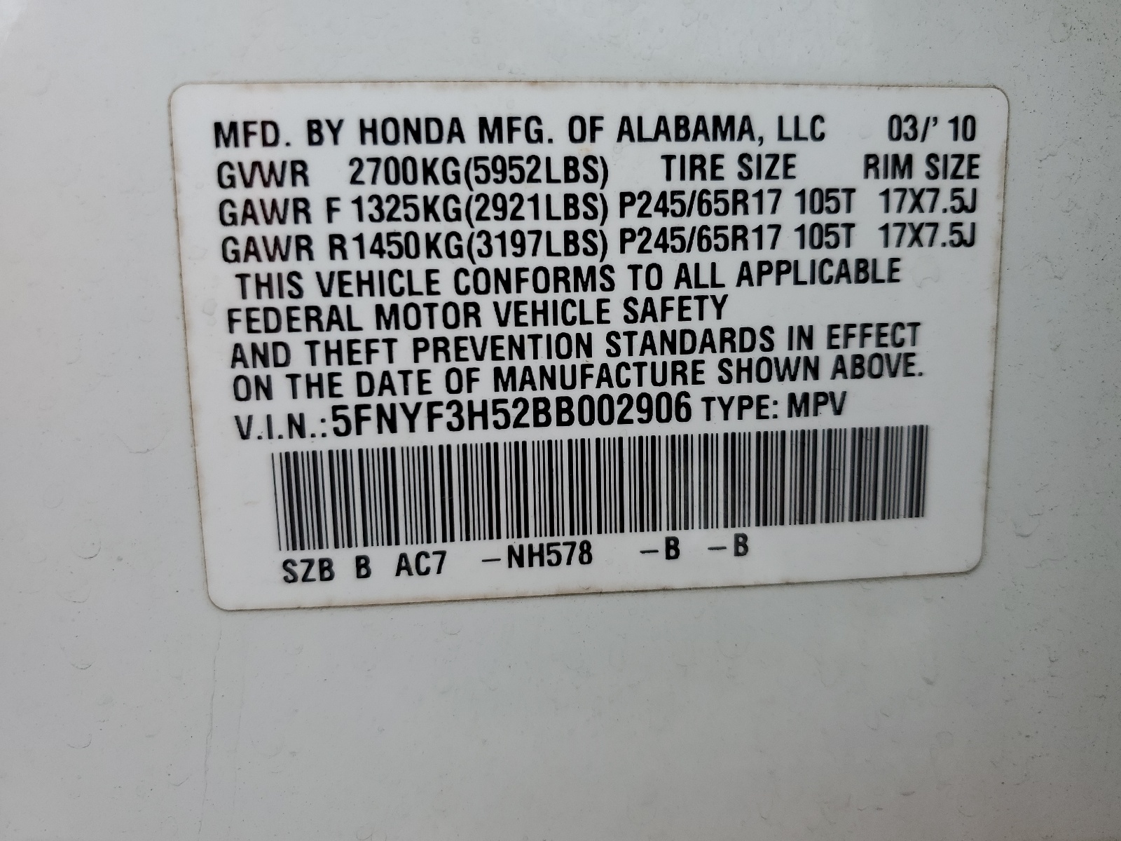 5FNYF3H52BB002906 2011 Honda Pilot Exl