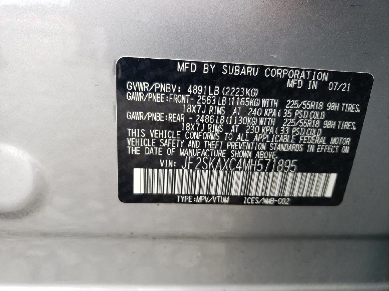 2021 Subaru Forester Touring VIN: JF2SKAXC4MH571895 Lot: 65297514