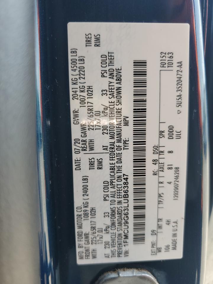 2020 Ford Escape Se VIN: 1FMCU9G63LUB63847 Lot: 65938144