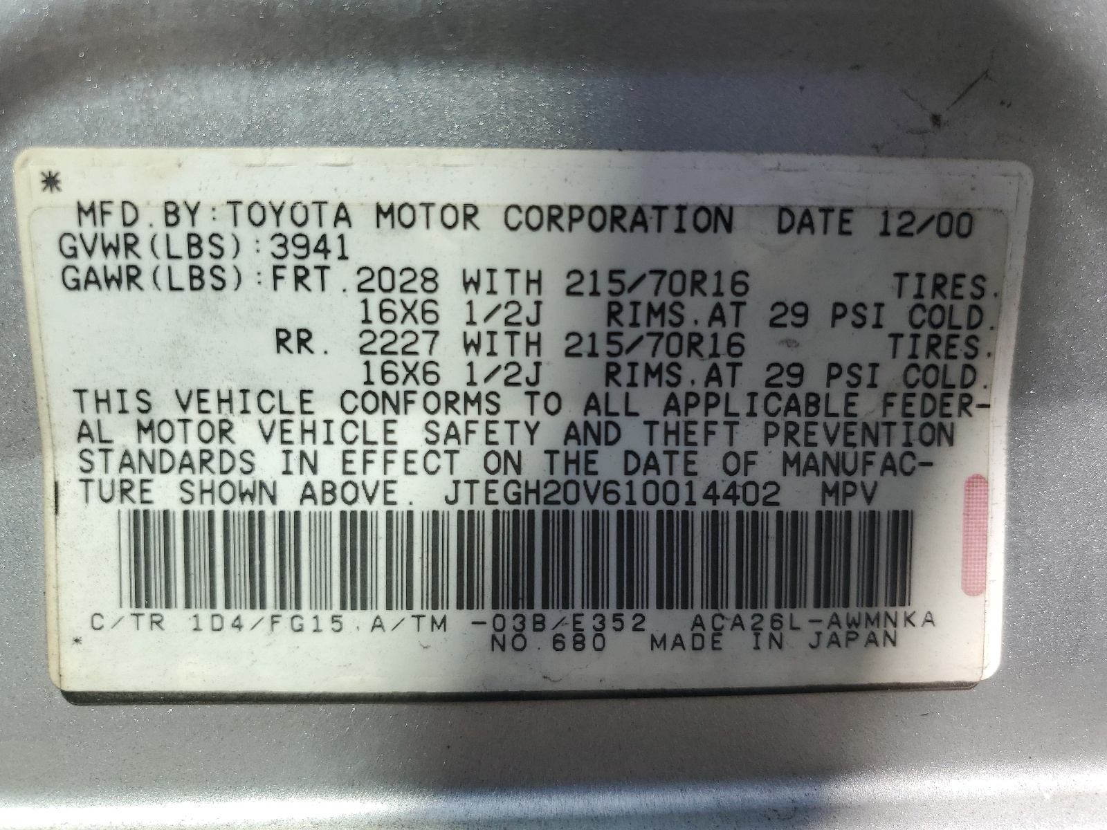 JTEGH20V610014402 2001 Toyota Rav4