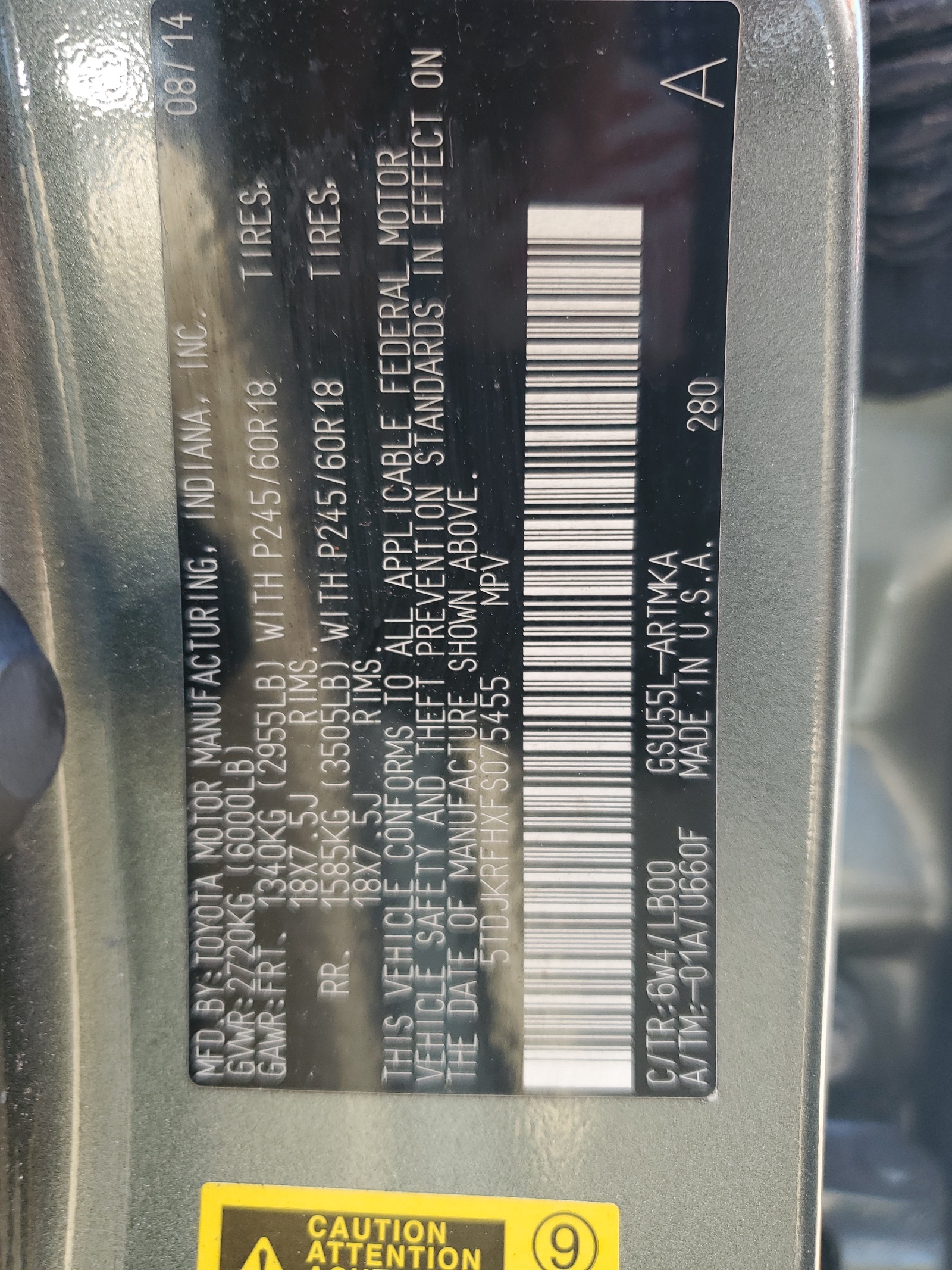 5TDJKRFHXFS075455 2015 Toyota Highlander Xle