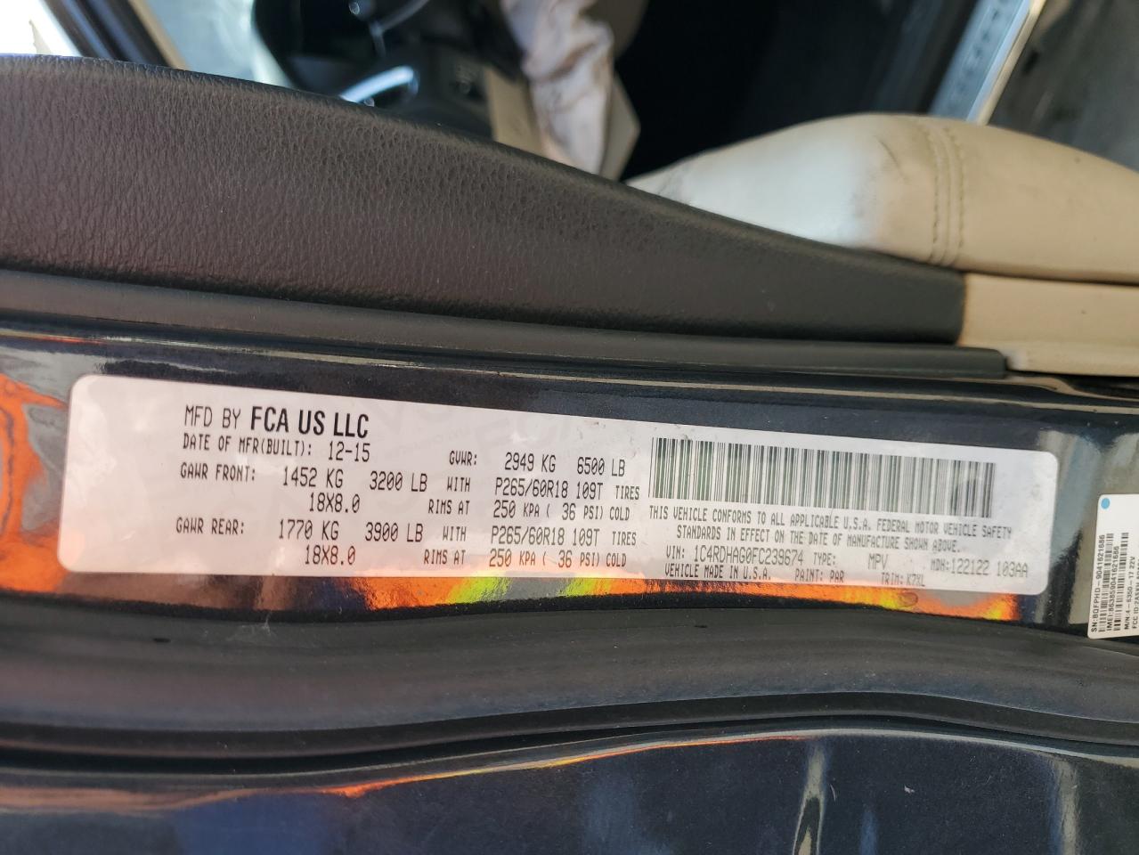 2015 Dodge Durango Sxt VIN: 1C4RDHAG0FC239674 Lot: 66031054