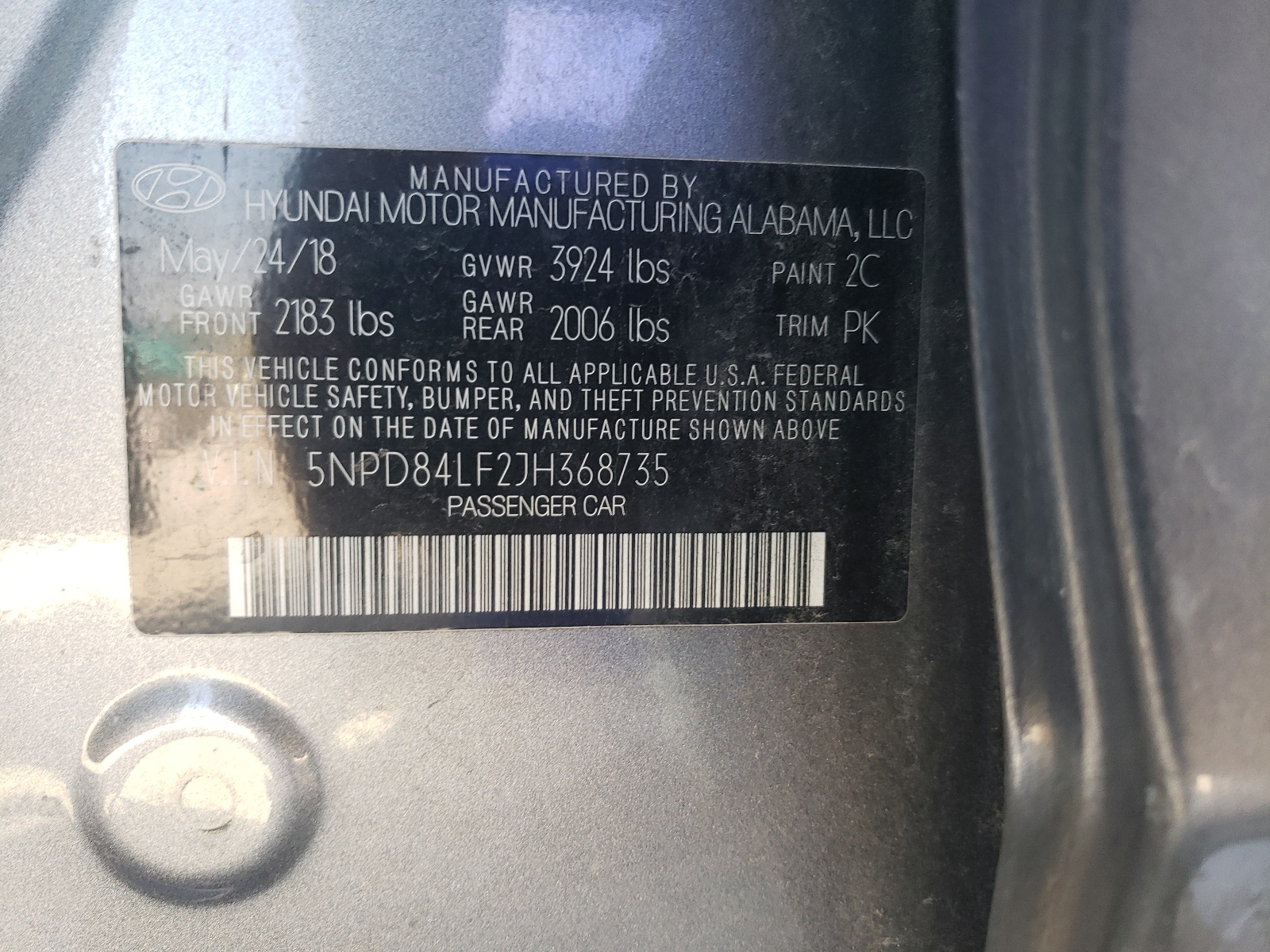 5NPD84LF2JH368735 2018 Hyundai Elantra Sel