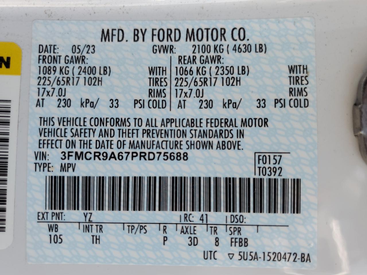 2023 Ford Bronco Sport VIN: 3FMCR9A67PRD75688 Lot: 67999494