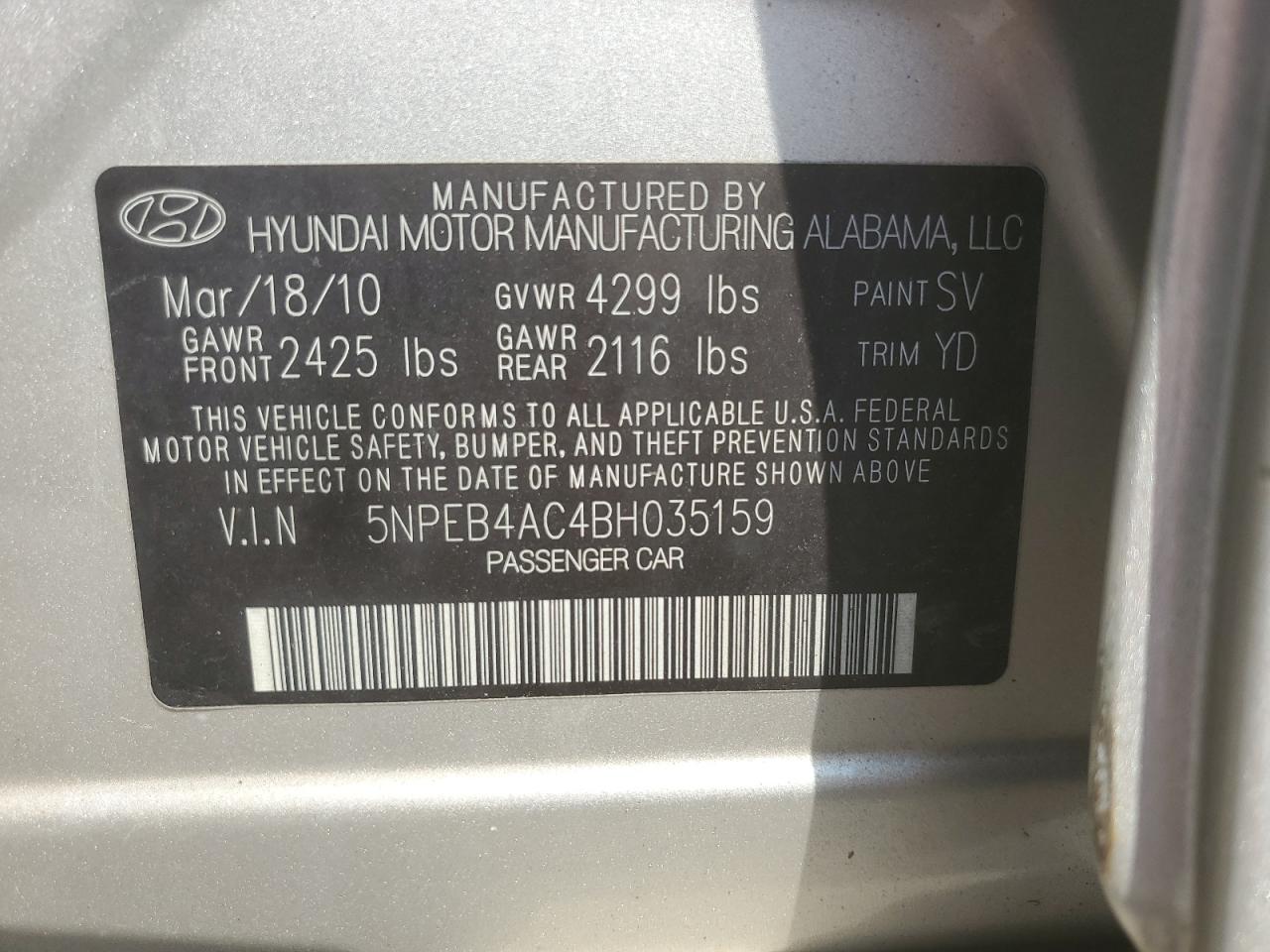 5NPEB4AC4BH035159 2011 Hyundai Sonata Gls