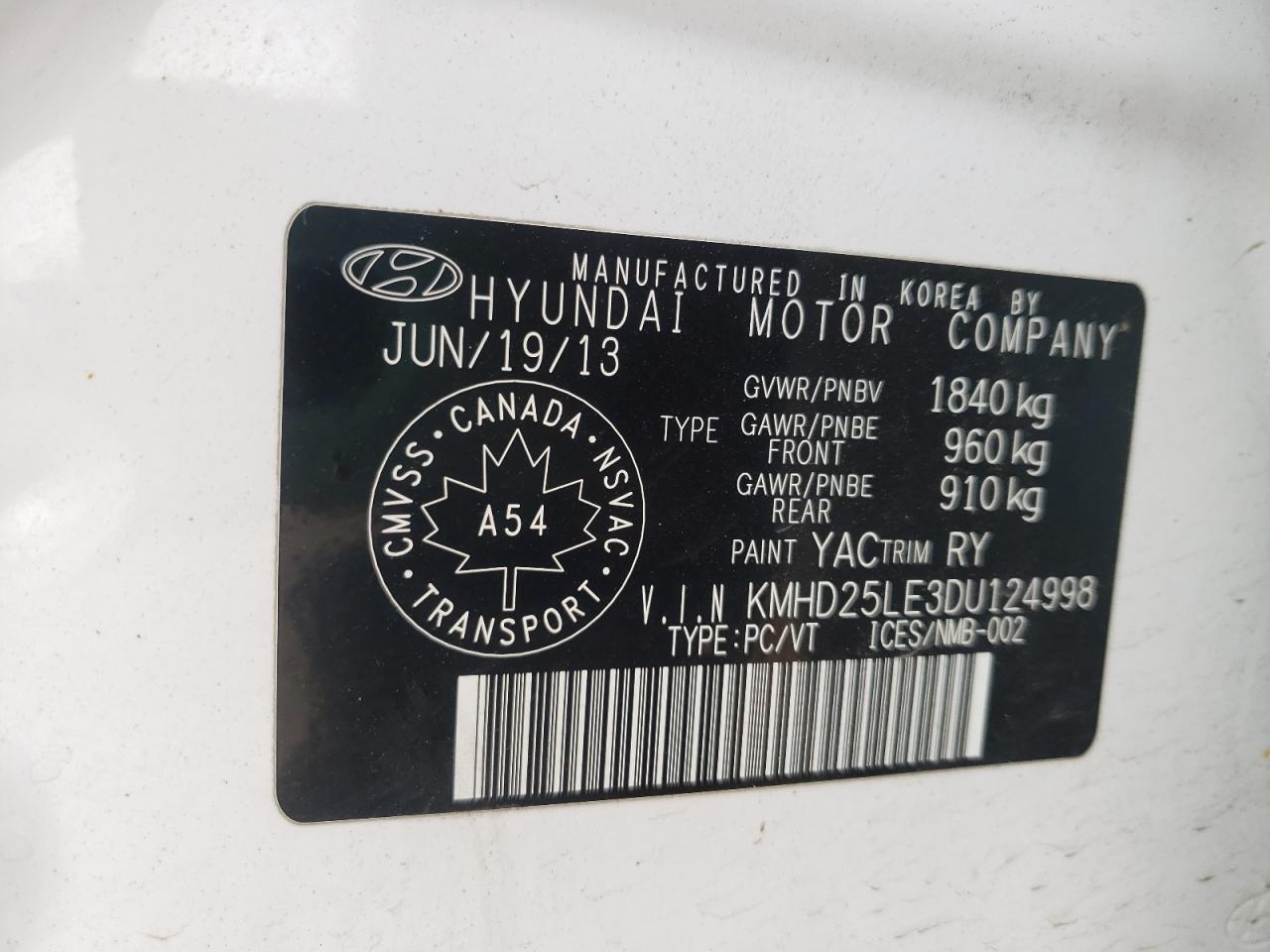 2013 Hyundai Elantra Gt VIN: KMHD25LE3DU124998 Lot: 67510554