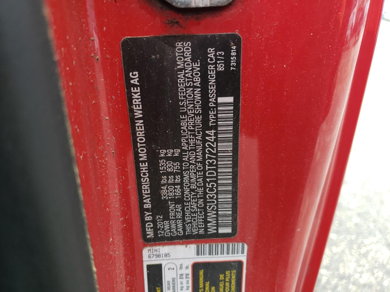 2013 Mini Cooper VIN: WMWSU3C51DT372244 Lot: 67373164