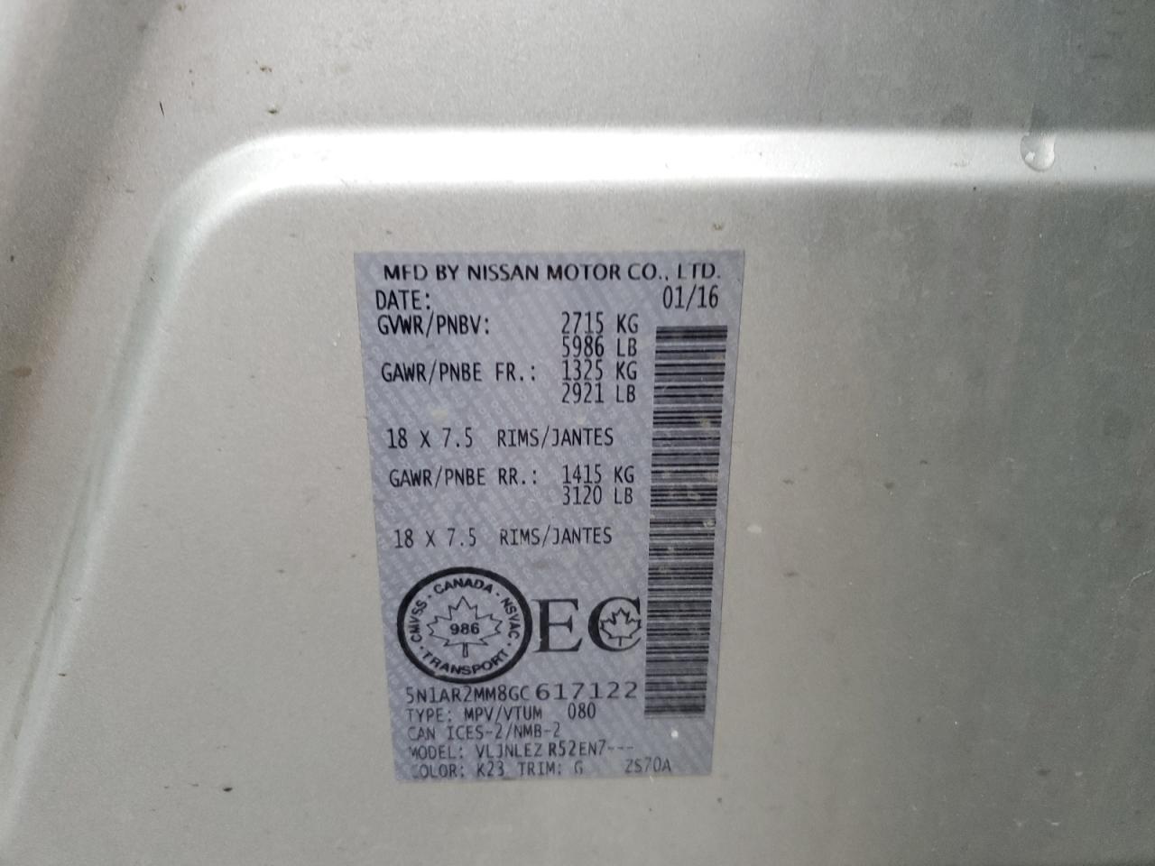 2016 Nissan Pathfinder S VIN: 5N1AR2MM8GC617122 Lot: 66554284