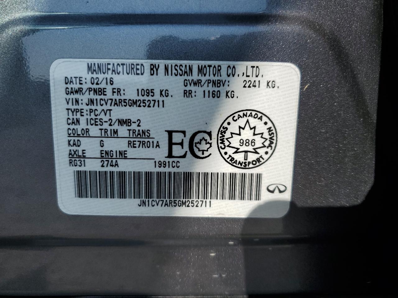 JN1CV7AR5GM252711 2016 Infiniti Q50 Base