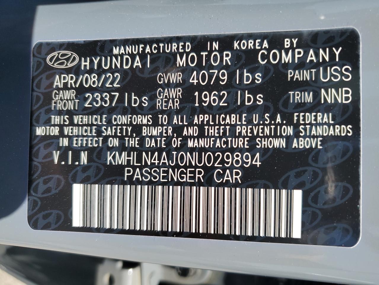 2022 Hyundai Elantra Limited VIN: KMHLN4AJ0NU029894 Lot: 66438344