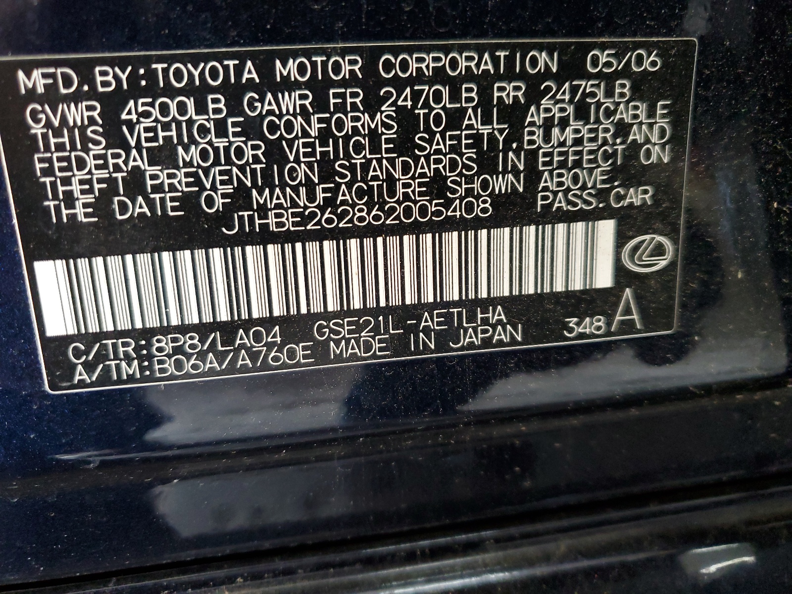 JTHBE262862005408 2006 Lexus Is 350