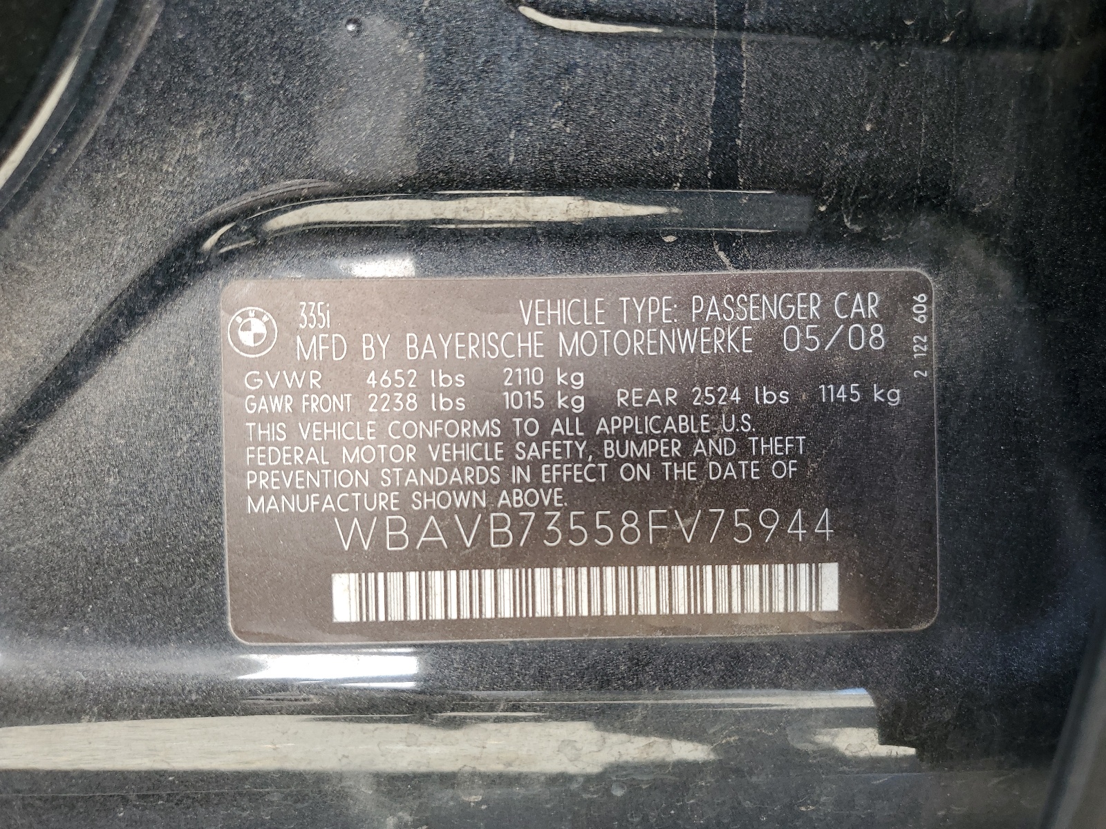 WBAVB73558FV75944 2008 BMW 335 I