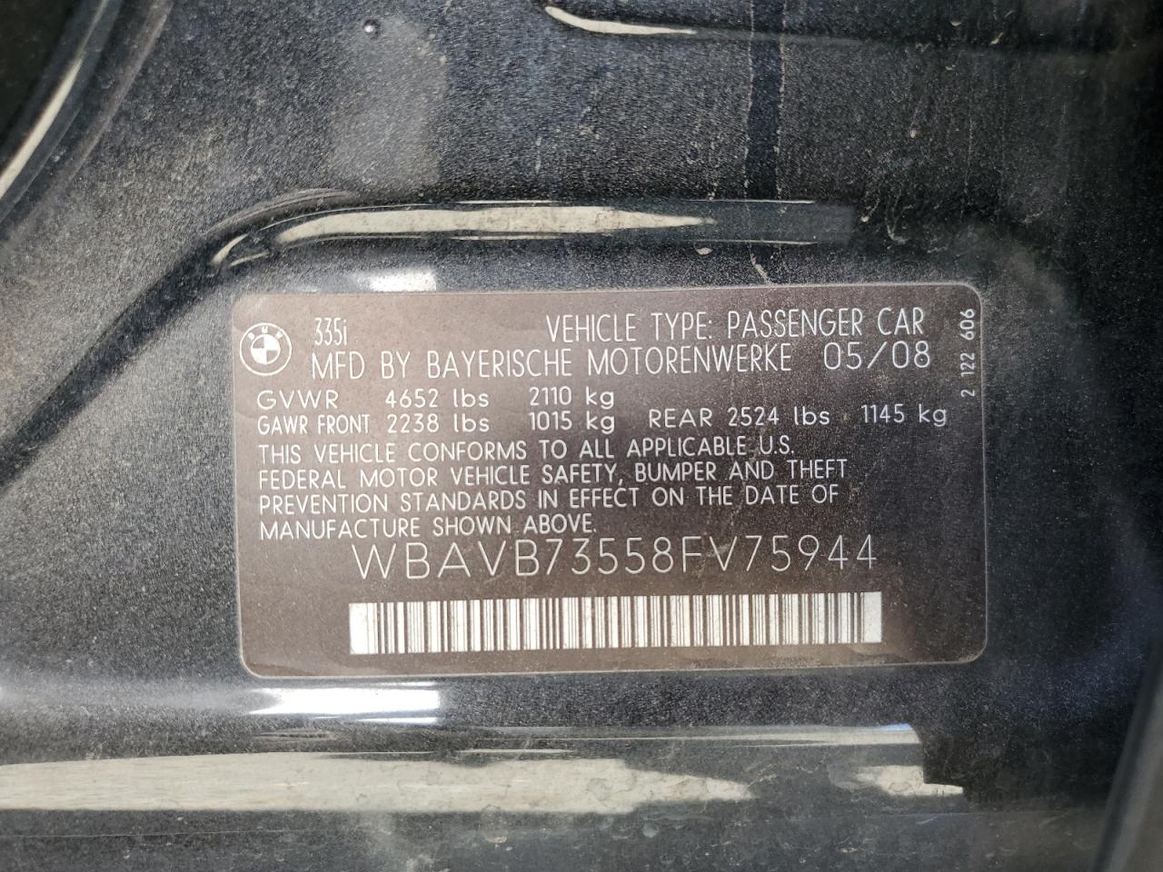 2008 BMW 335 I VIN: WBAVB73558FV75944 Lot: 67619284