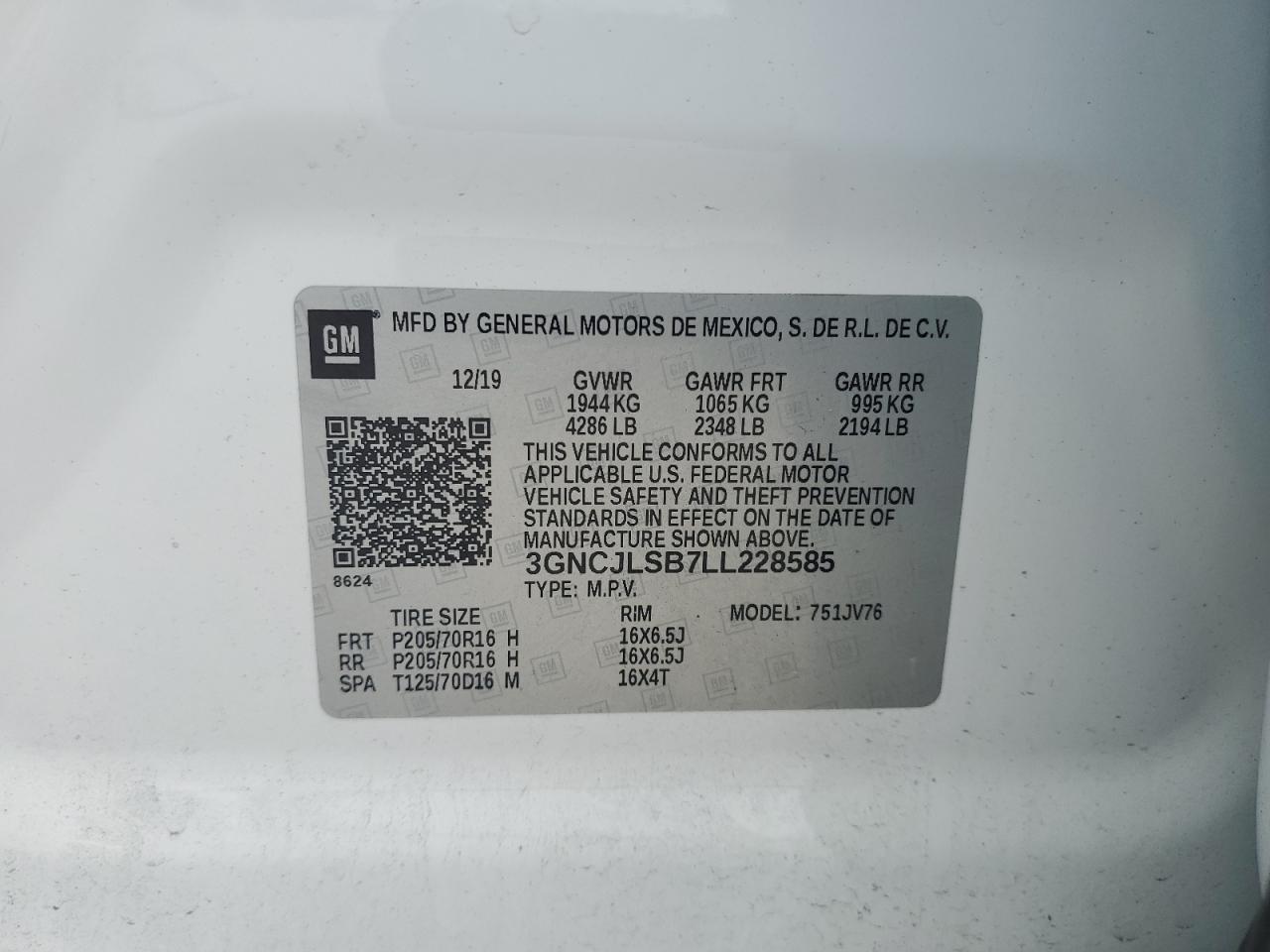 3GNCJLSB7LL228585 2020 Chevrolet Trax 1Lt