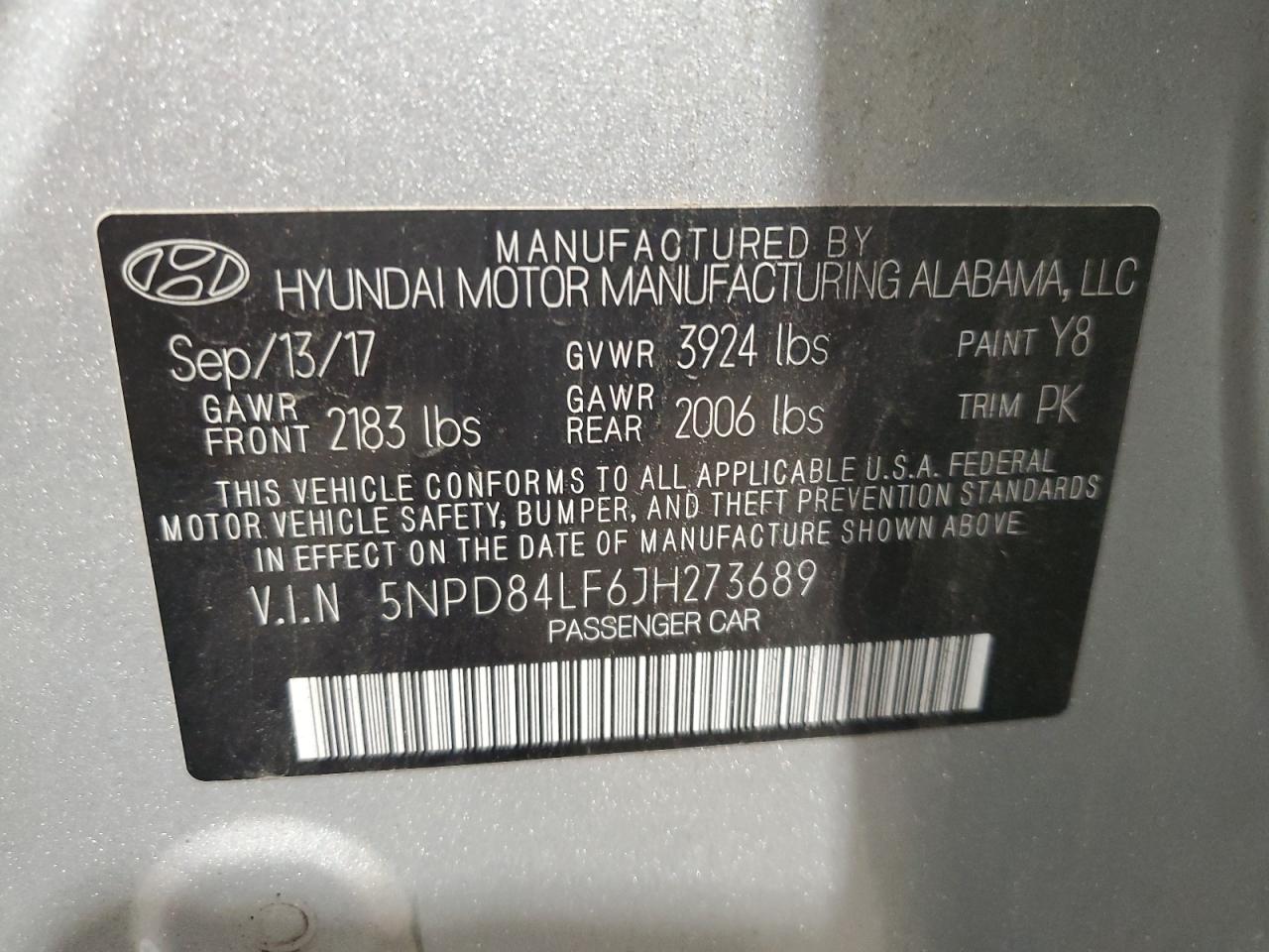 5NPD84LF6JH273689 2018 Hyundai Elantra Sel