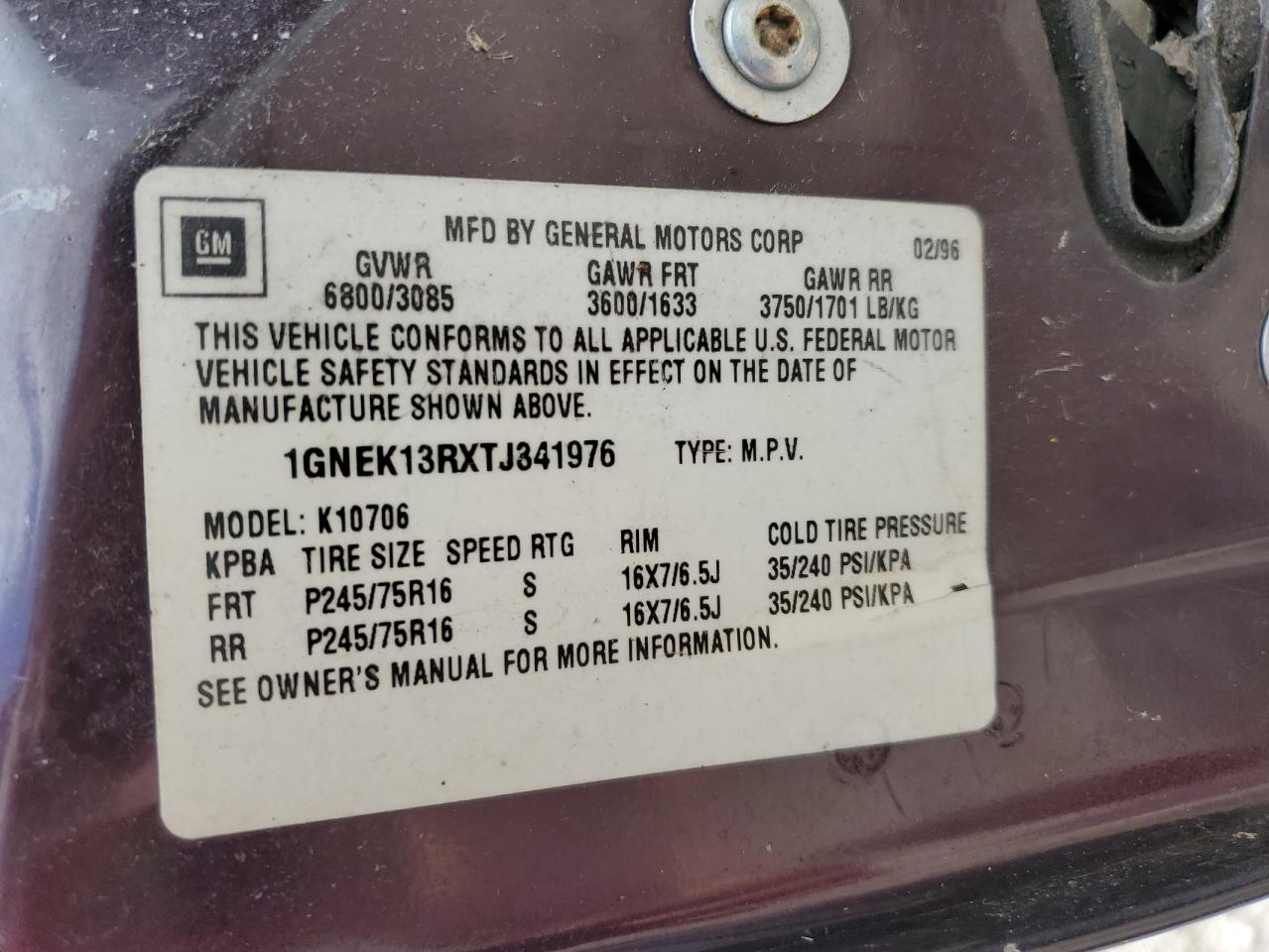 1996 Chevrolet Tahoe K1500 VIN: 1GNEK13RXTJ341976 Lot: 46288615