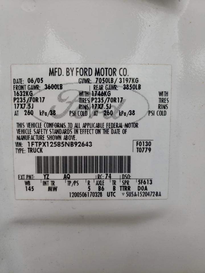 2005 Ford F150 VIN: 1FTPX12585NB92643 Lot: 67766564