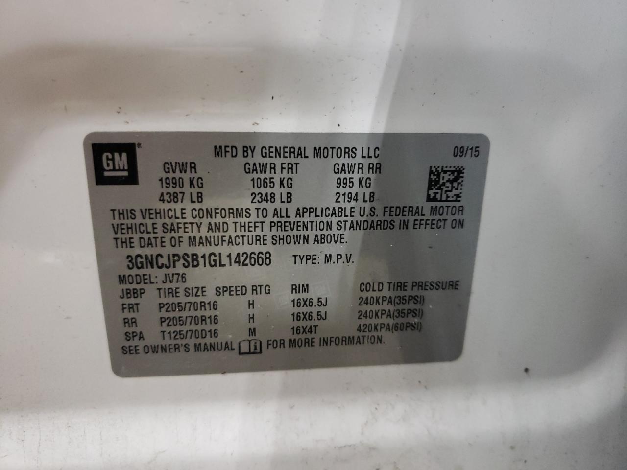 2016 Chevrolet Trax 1Lt VIN: 3GNCJPSB1GL142668 Lot: 66337764